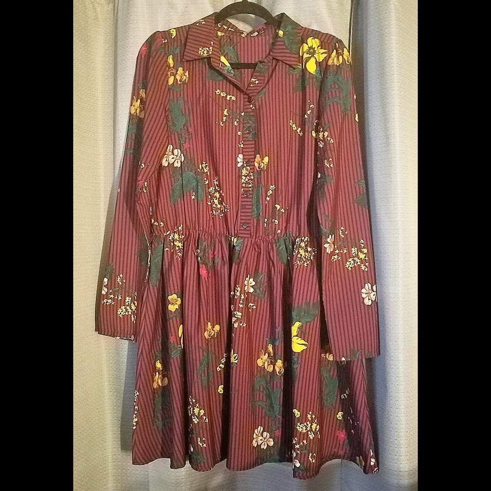 Stripe Floral Long Sleeve Shirt Dress (Size 8)